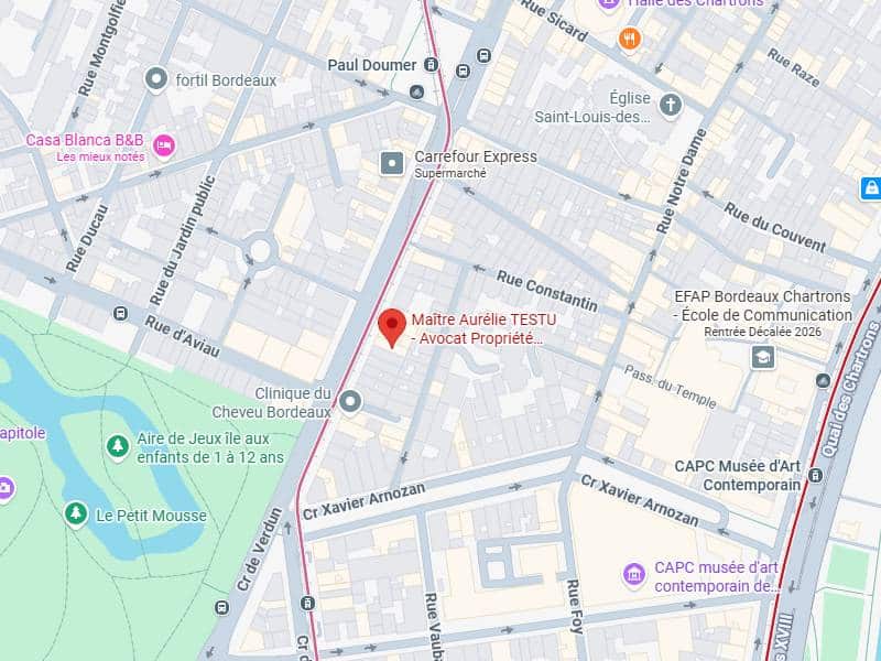 Maître Aurélie TESTU Avocat Bordeaux - Carte et Localisation Carte de Bordeaux centrée sur Maître Aurélie TESTU, Avocat Propriété, près de Rue Sicard, Jardin Public, et CAPC Musée d'Art Contemporain.