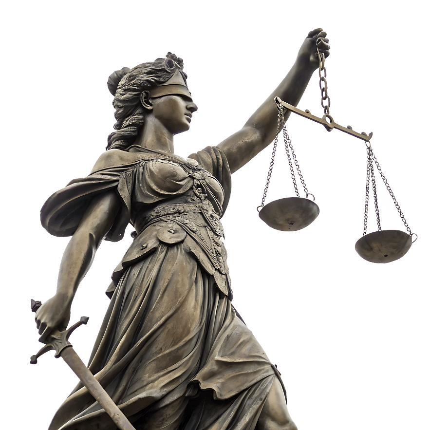 Statue de la Justice, Déesse de la Loi et de l'Équité Statue de la Justice (Justitia) en bronze, les yeux bandés, tenant une épée et une balance à plateaux déséquilibrés sur fond noir.