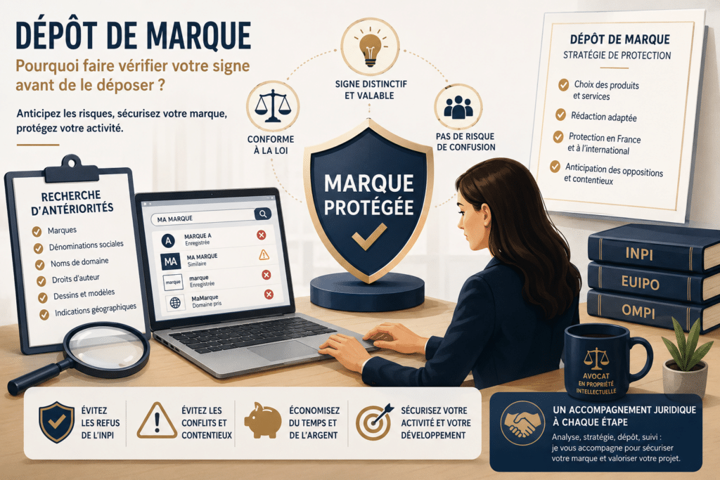 Infographie dépôt de marque : recherche d'antériorités, protection juridique et logos INPI, EUIPO, OMPI.